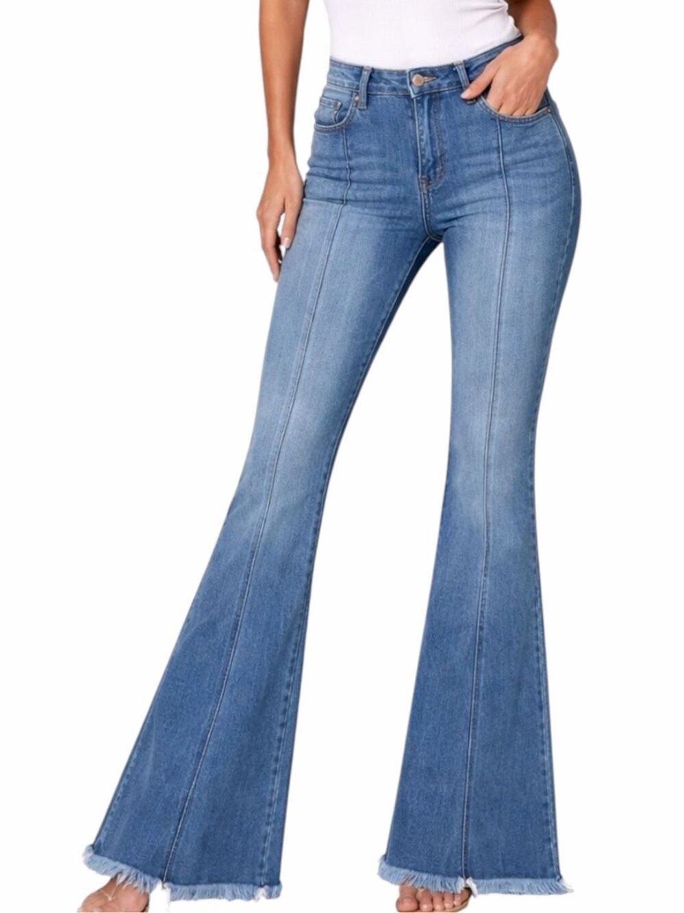 KANCAN Frayed Bell Bottom Flare Jeans Front Seam Light Wash Blue Size 27
